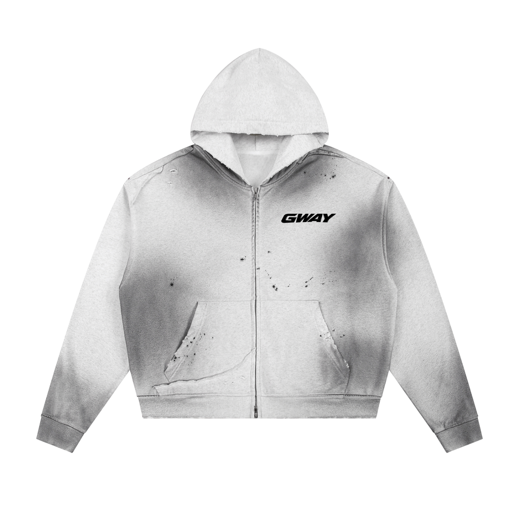 Sun Fade Frayed Raw Edge Fleece Zip Hoodie