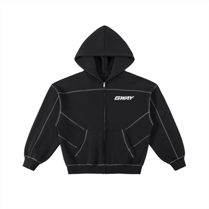 GWAY Contrast-Stitched Boxy Fleece Zip Hoodie